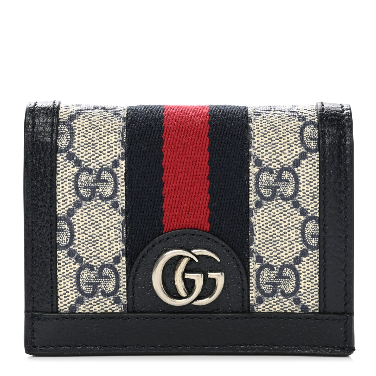 GG Supreme Monogram Textured Dollar Calfskin Web Ophidia Card Case Beige Blue