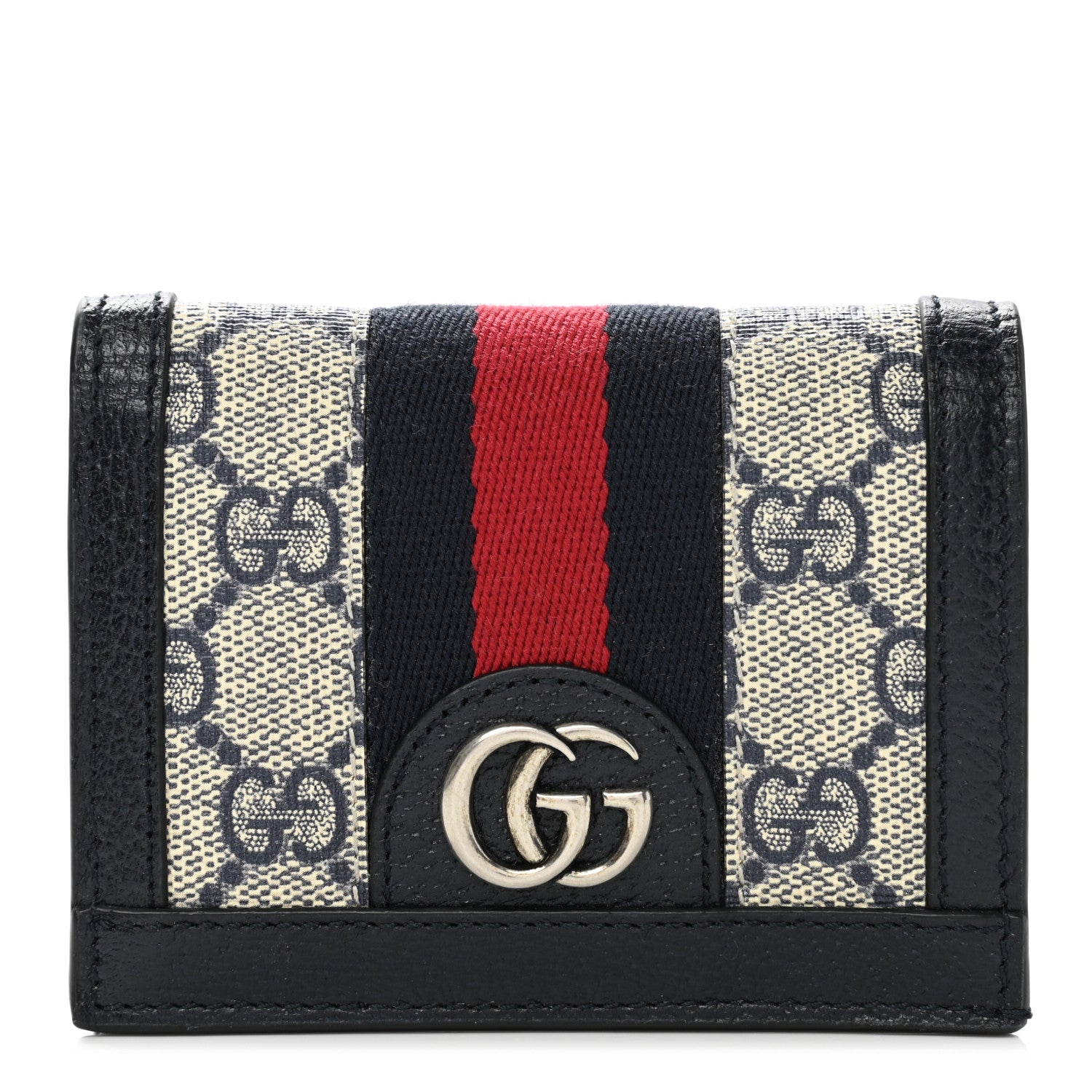Gucci GG Supreme Monogram Textured Dollar Calfskin Web Ophidia Card Case Beige Blue 1 of 8