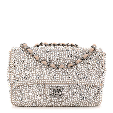 Suede Calfskin Crystal Mini Flap Silver