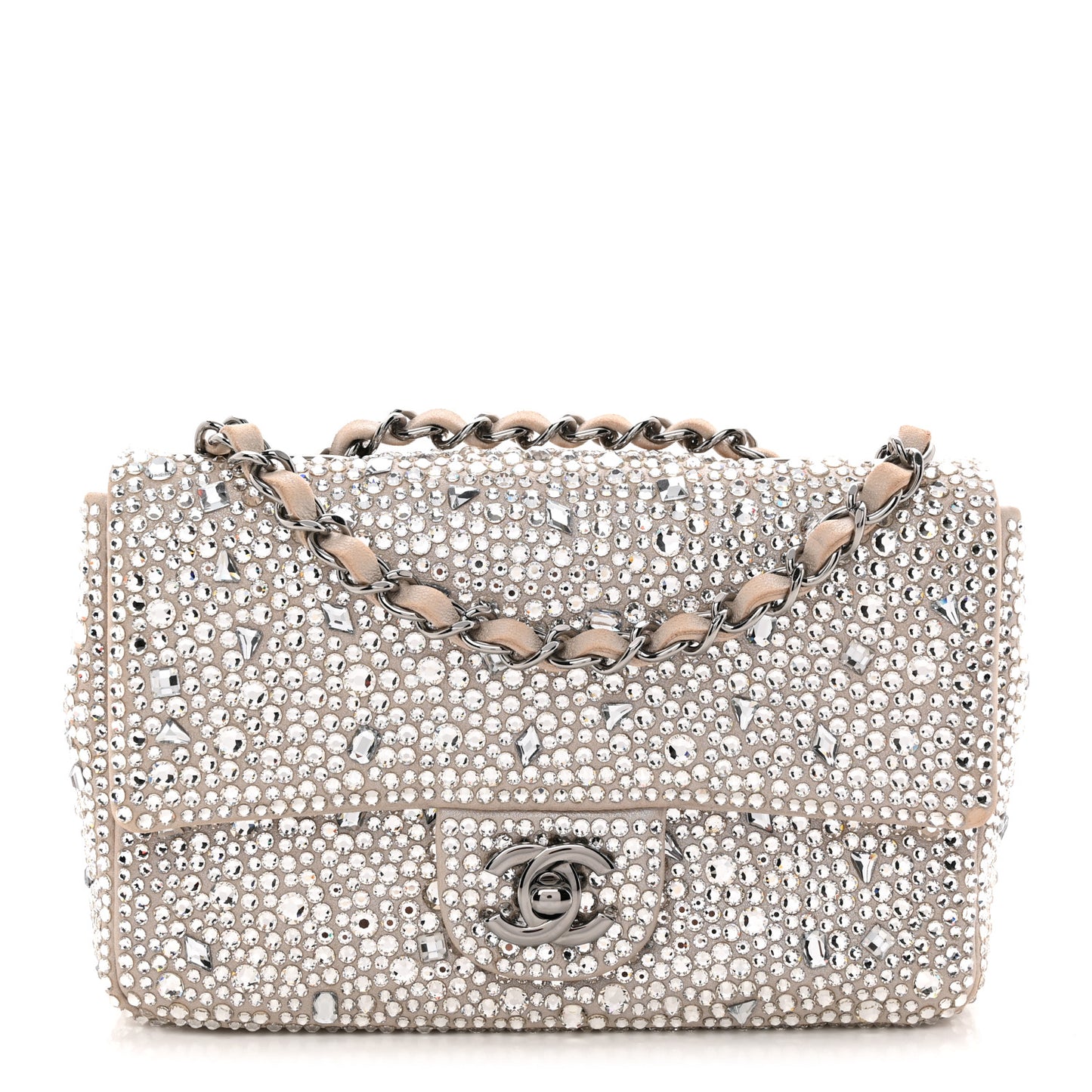 Suede Calfskin Crystal Mini Flap Silver
