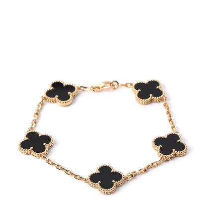 Van Cleef & Arpels 18K Yellow Gold Black Onyx 5 Motifs Vintage Alhambra Bracelet 1 of 5