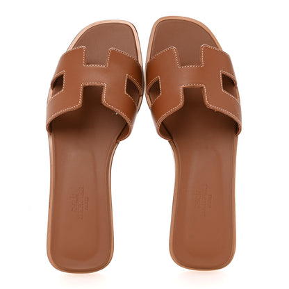 Hermes Box Calfskin Oran Sandals 37 Gold 2 of 9