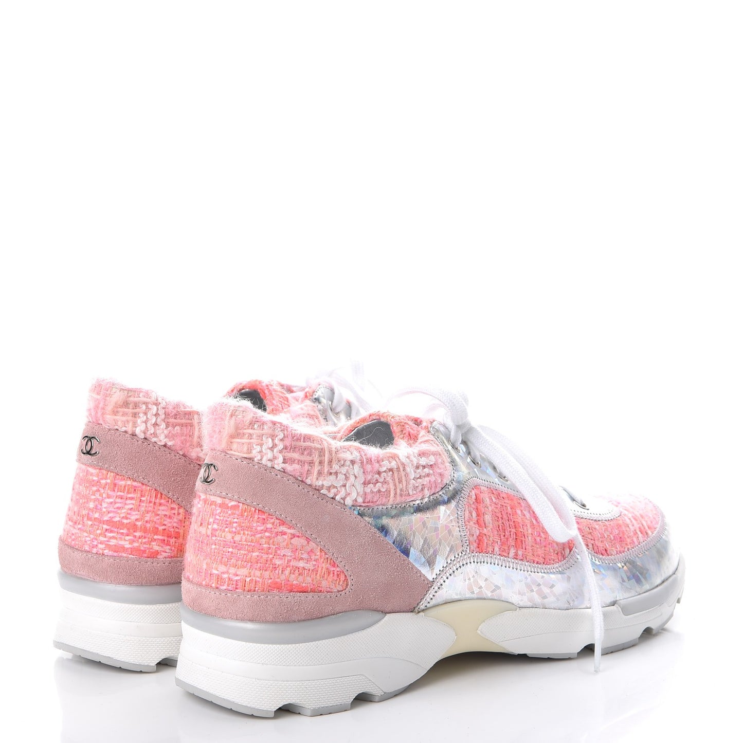 Tweed Suede Calfskin Sneakers 38 Silver Pink