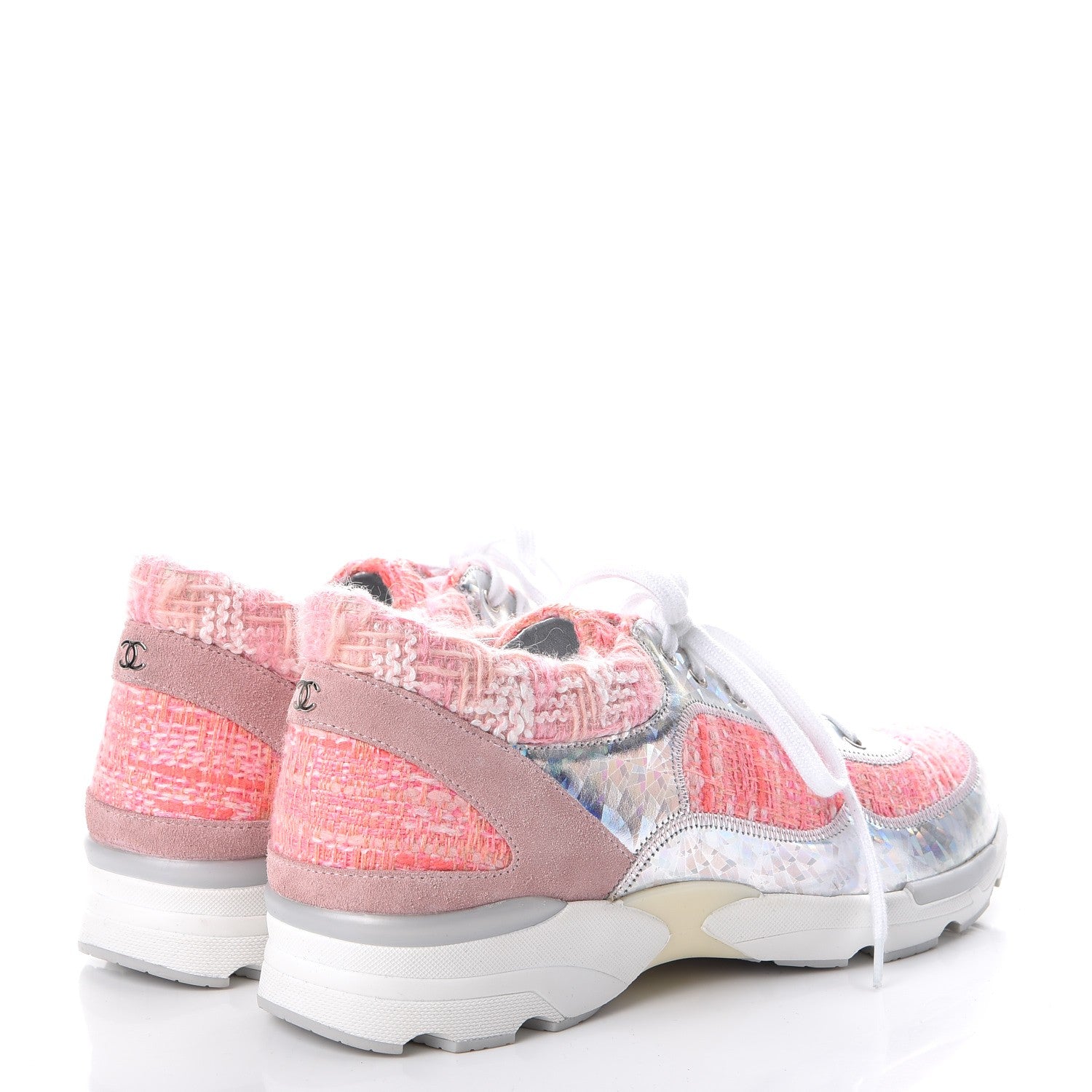 Chanel Tweed Suede Calfskin Sneakers 38 Silver Pink 4 of 8