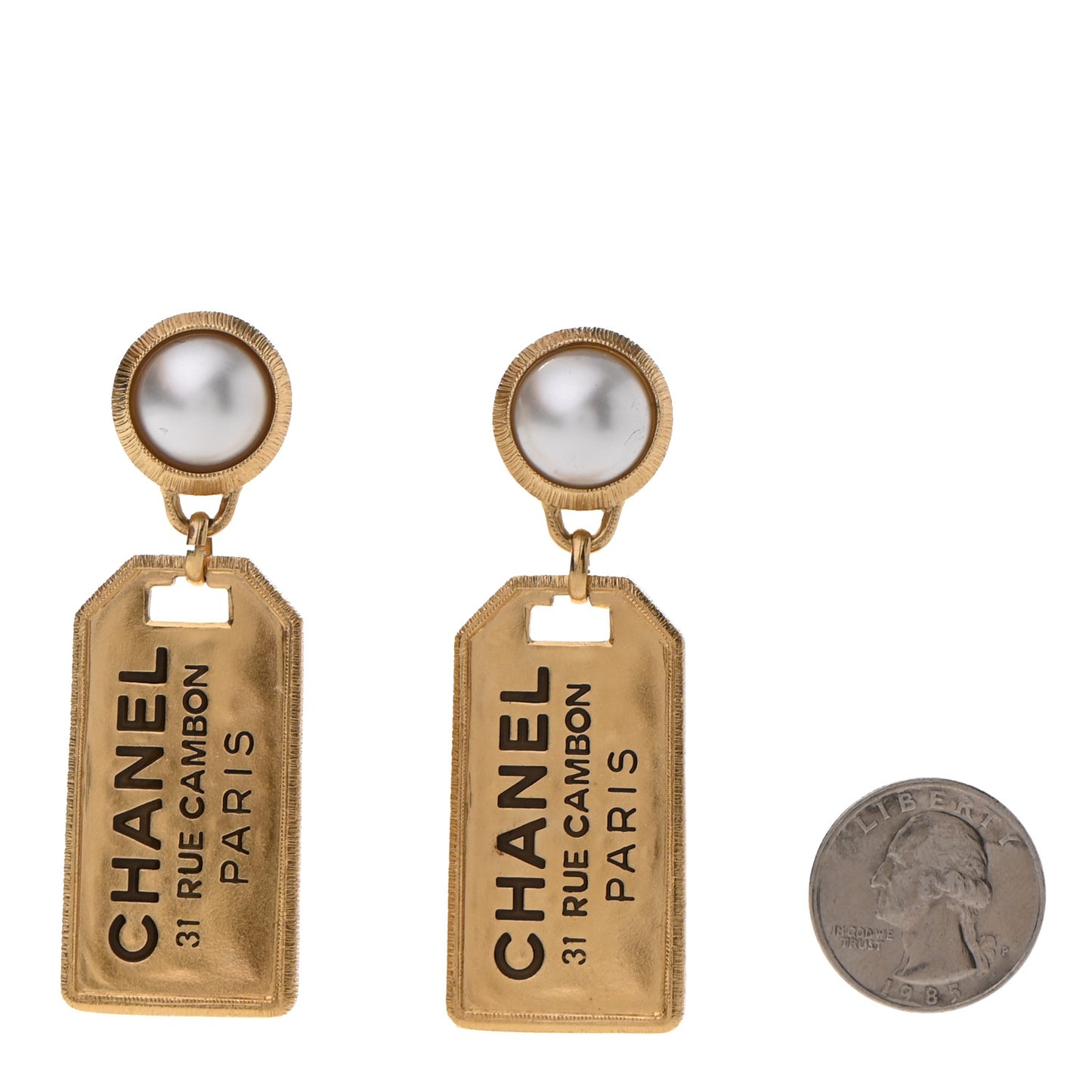 Pearl CC Tags Drop Earrings Gold