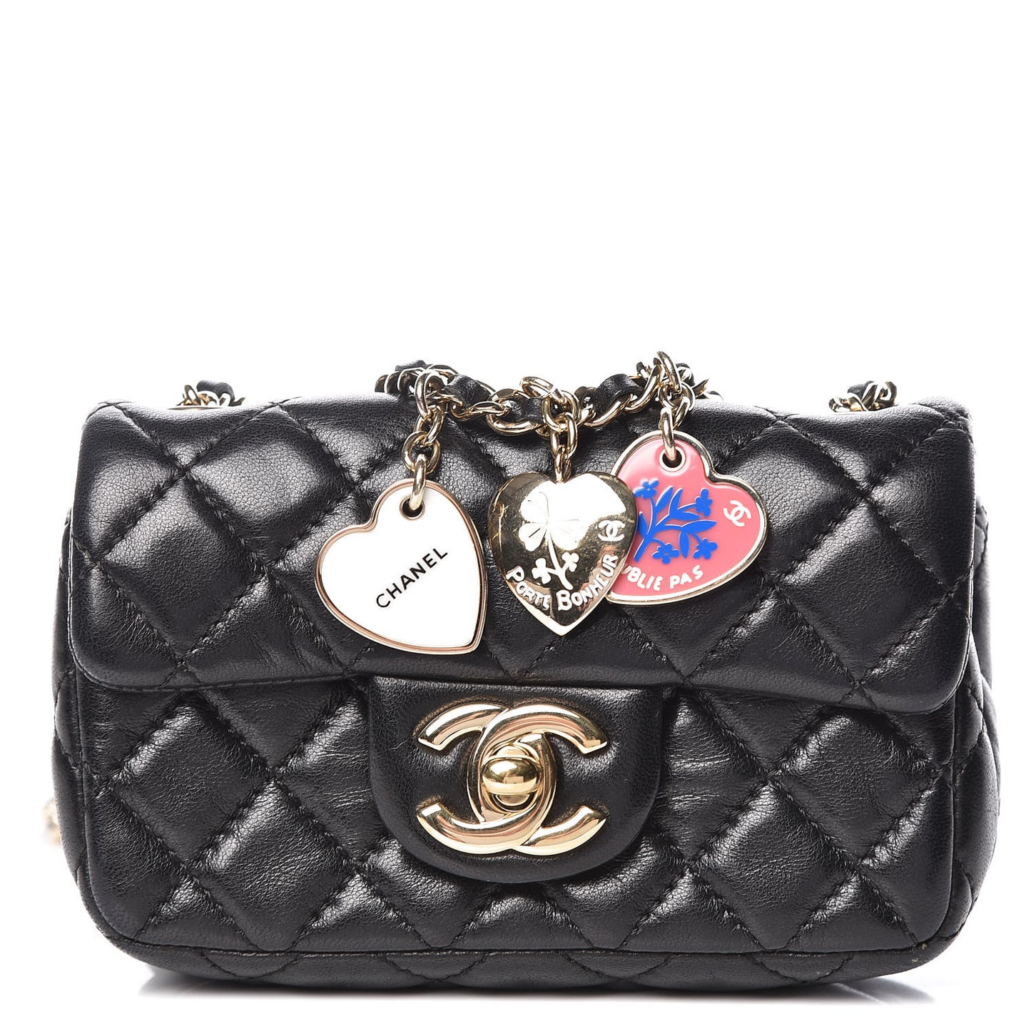 Lambskin Quilted Extra Mini Flap Heart Valentine Charms Black