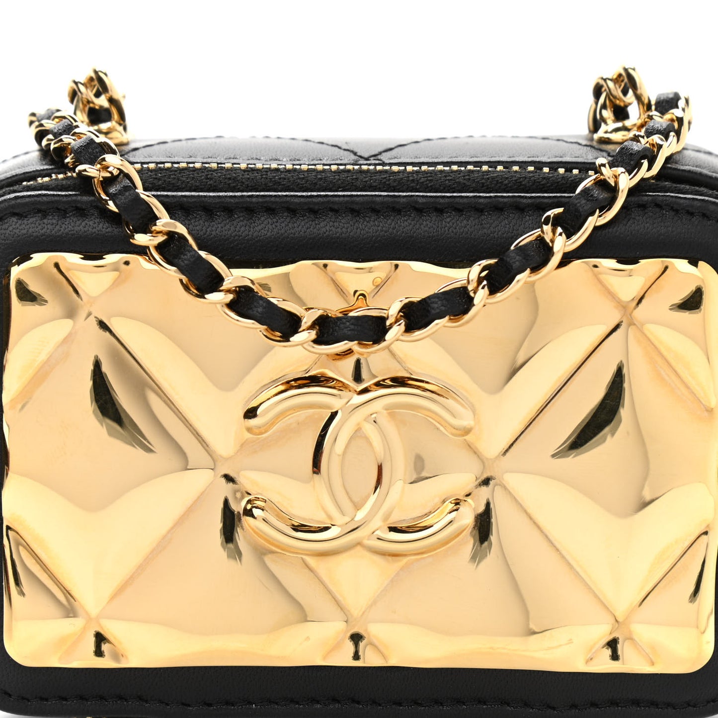 Lambskin Quilted Mini Golden Plate Clutch With Chain Black