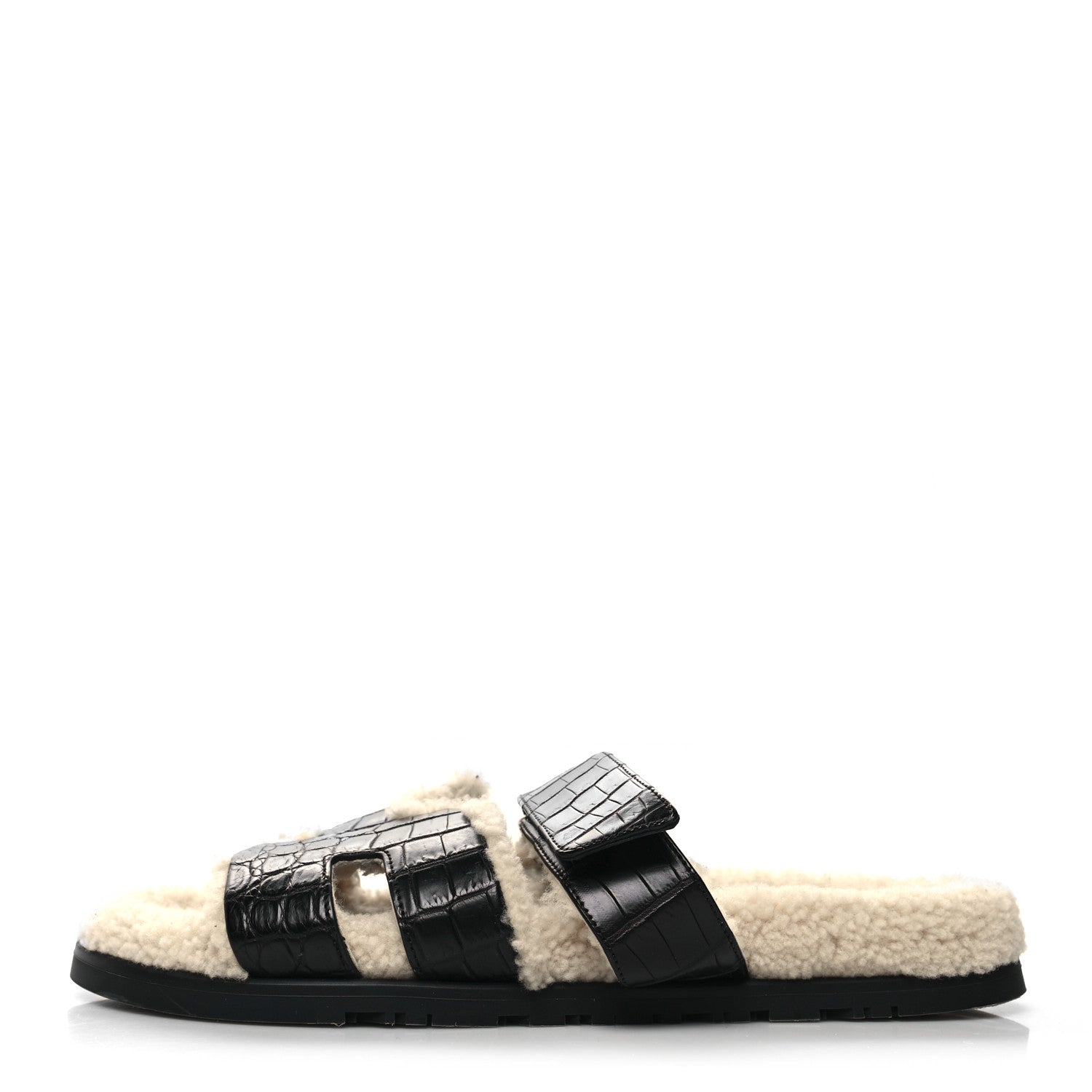 Hermes Matte Alligator Shearling Mens Chypre Sandals 43 Black Ecru 1 of 8