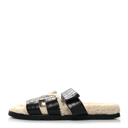 Hermes Matte Alligator Shearling Mens Chypre Sandals 43 Black Ecru 1 of 8