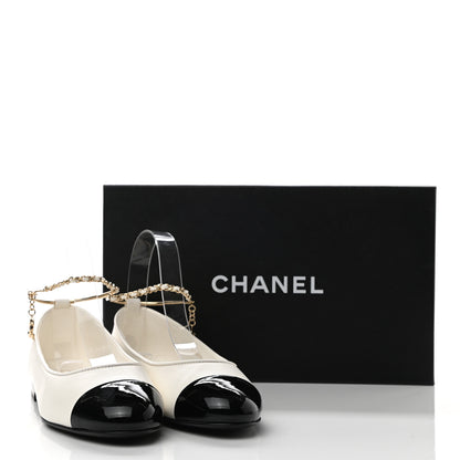 Chanel Lambskin Patent Calfskin Cap Toe Ankle Chain Ballerina Flats 36 White Black 9 of 9