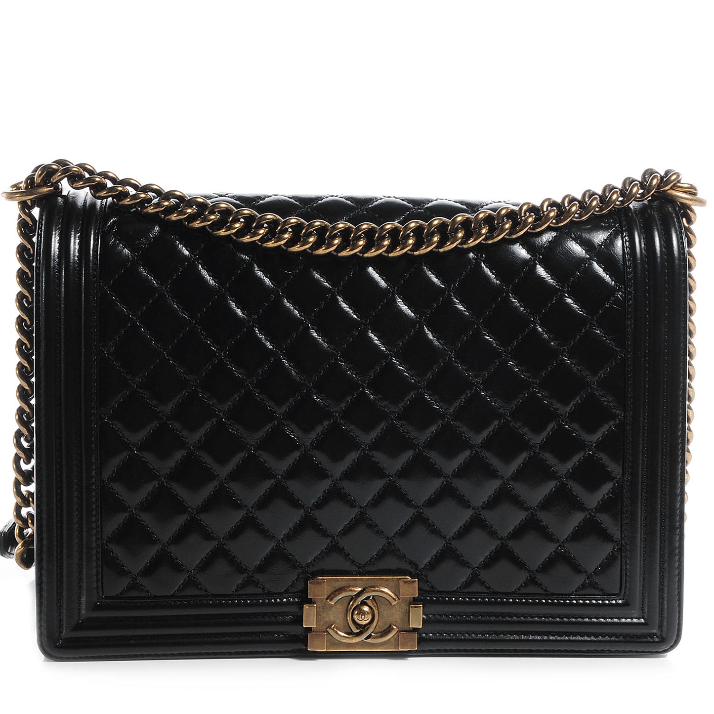 Glazed Calfskin Large Boy Flap Black