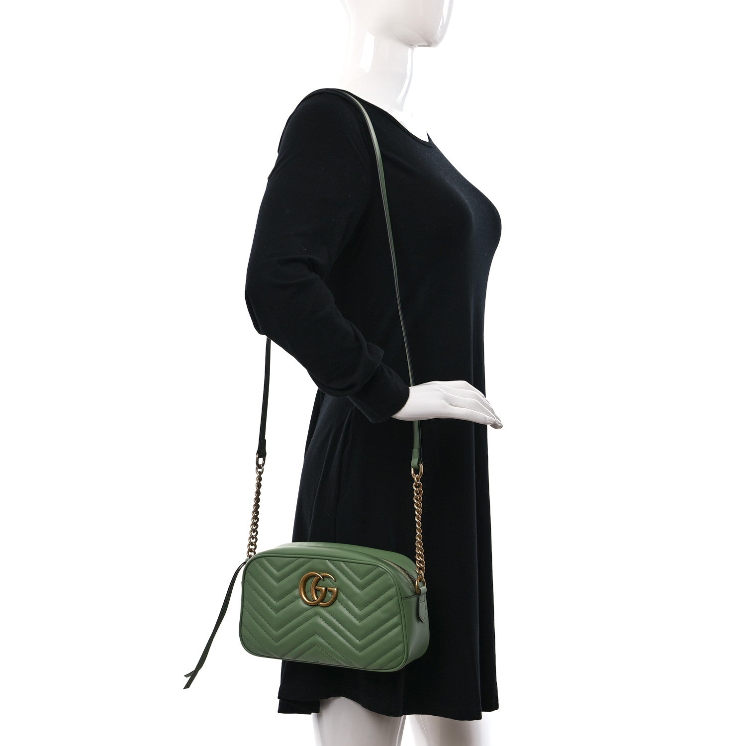 Gucci Calfskin Matelasse Chevron Small GG Marmont Chain Shoulder Bag Salamander Green 2 of 10