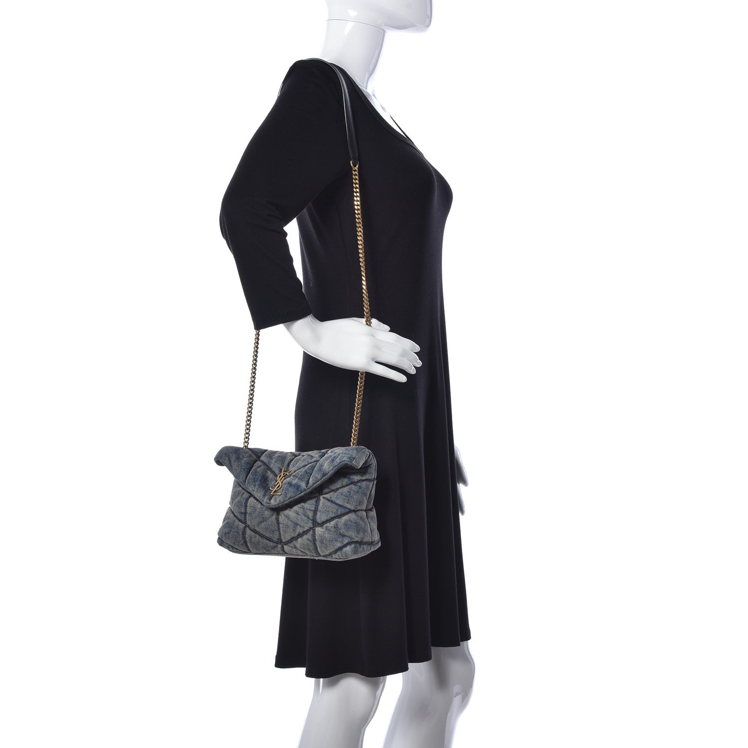 Saint Laurent Denim Quilted Toy Loulou Puffer Monogram Chain Satchel Blue Black 2 of 9