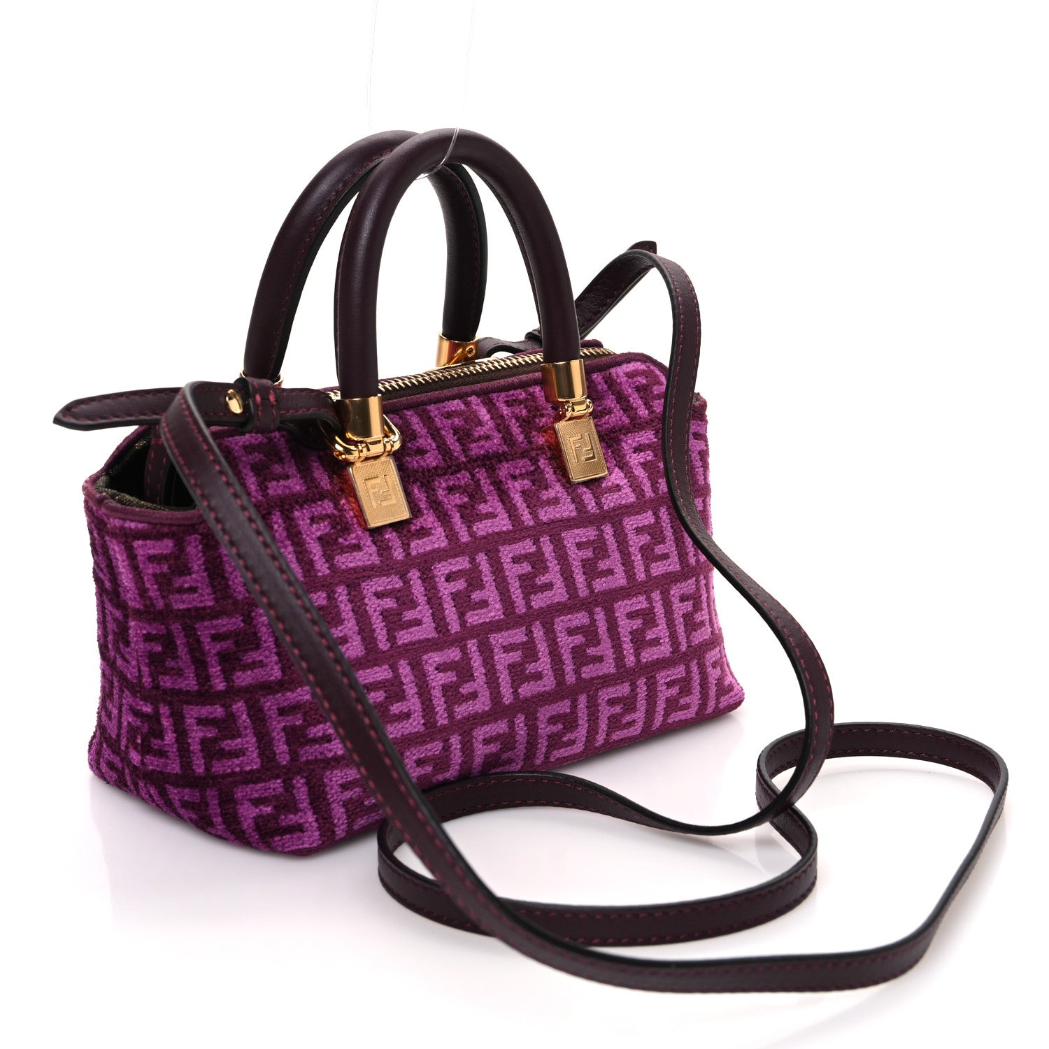 Fendi Chenille Vitello Micro FF Mini By The Way Top Handle Boston Bag Rosso Roma 3 of 10