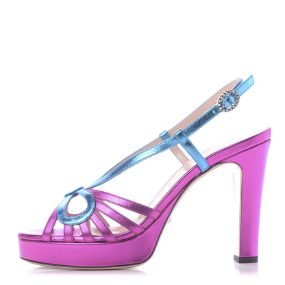 Gucci Metallic Nappa Crystal Zephyra Slingback Platform High Heel Sandals 40.5 Fuchsia Dark Turquoise 1 of 10