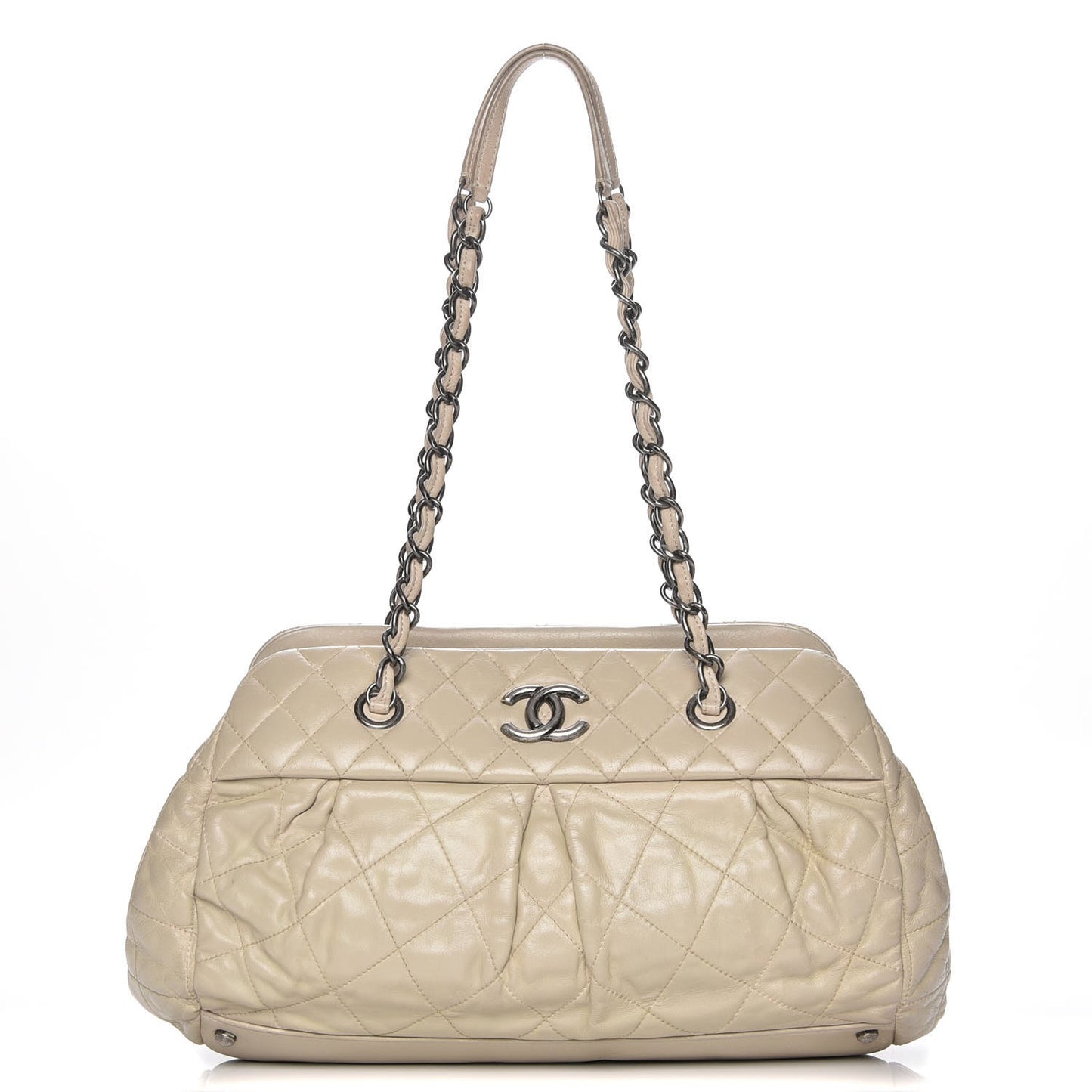 Iridescent Calfskin Chic Quilt Bowling Bag Beige
