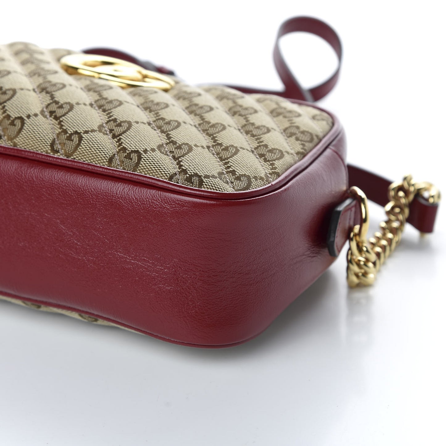 Monogram Azalea Calfskin Matelasse Diagonal Small GG Marmont Chain Shoulder Bag Beige Ebony New Cherry Red