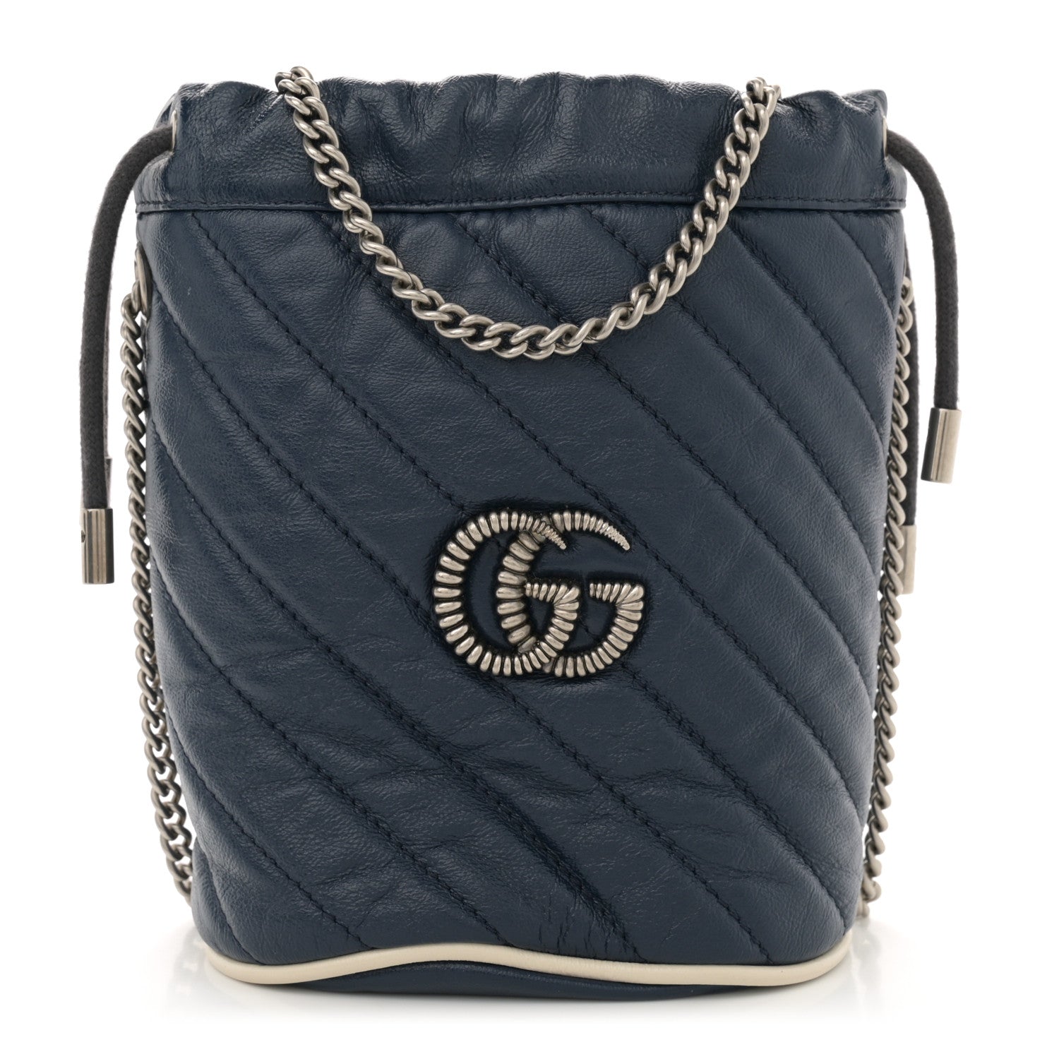 Gucci Vintage Effect Calfskin Matelasse Diagonal Mini Torchon GG Marmont 2.0 Bucket Bag Blue Agata Mystic White 1 of 11