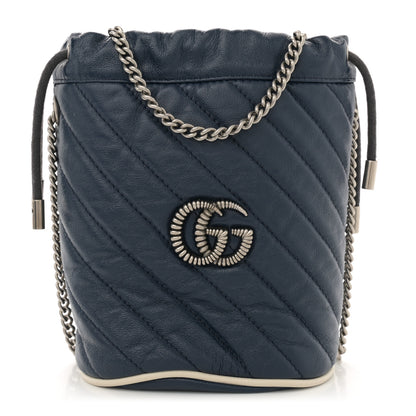 Gucci Vintage Effect Calfskin Matelasse Diagonal Mini Torchon GG Marmont 2.0 Bucket Bag Blue Agata Mystic White 1 of 11