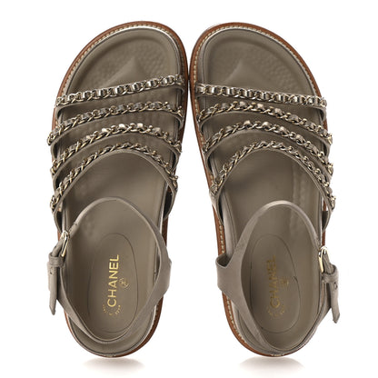 Chanel Satin Lambskin Chain Flat Sandals 37.5 Beige 2 of 8