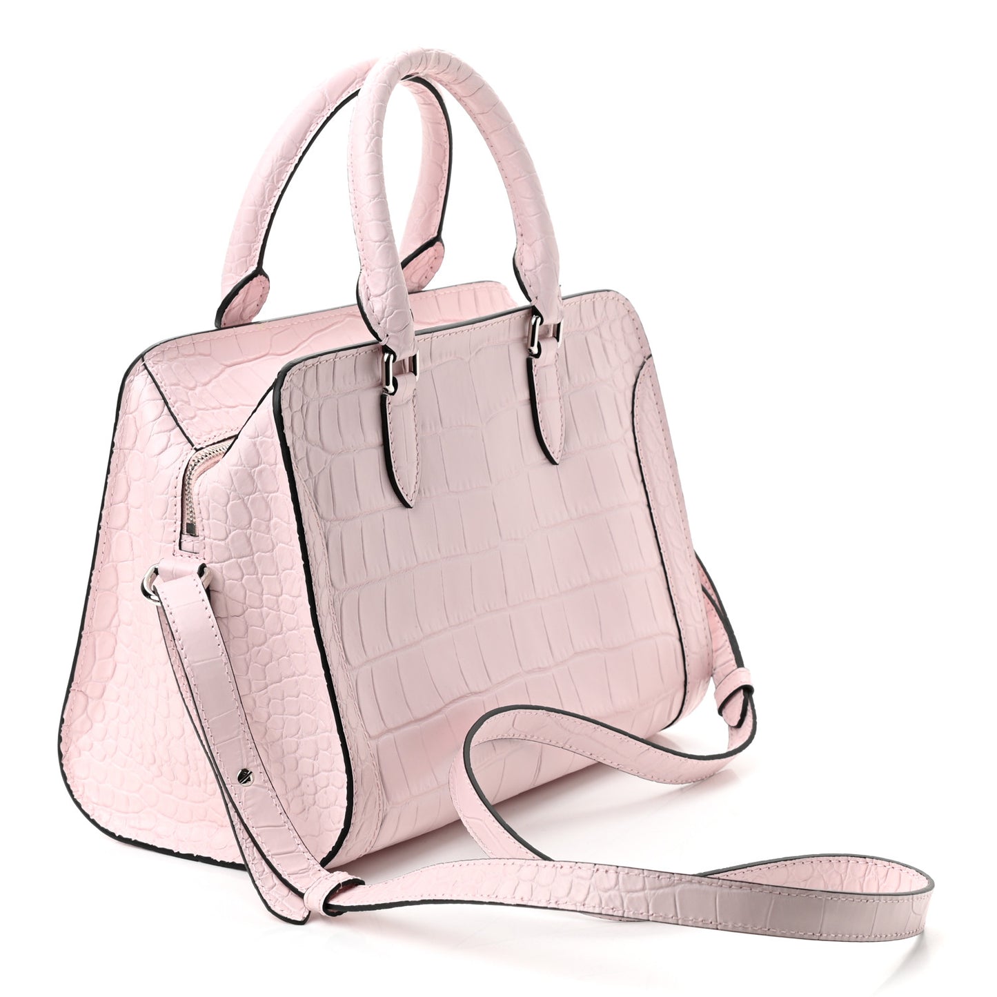 Calfskin Crocodile Embossed Small Skull Padlock Zip Around Tote Pink