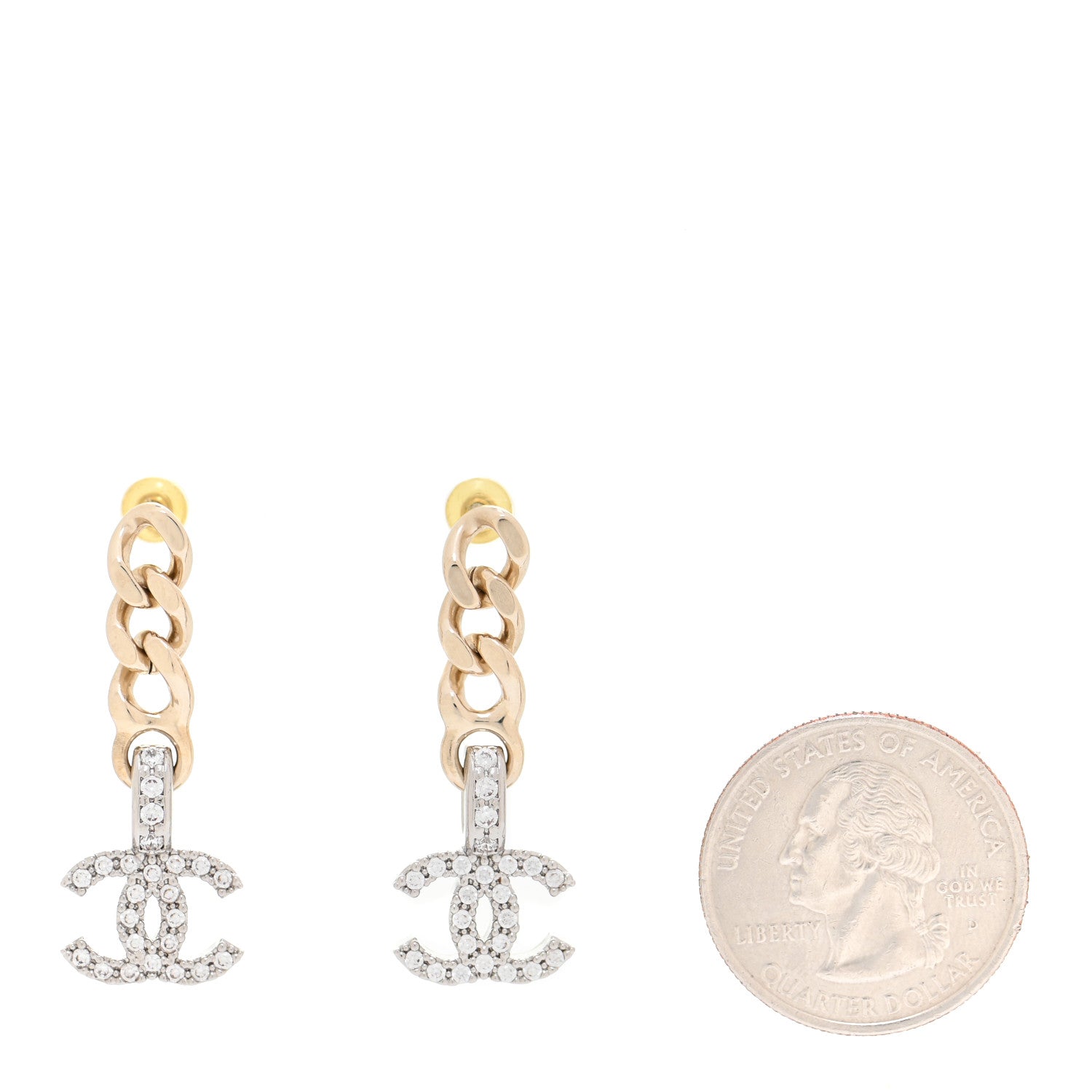 Chanel Metal Crystal CC Chain Drop Earrings Gold 2 of 5