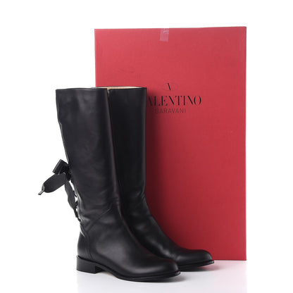 Valentino Garavani Calfskin Bow Lace Up Back Knee High Tall Boots 38.5 Black 24 of 24