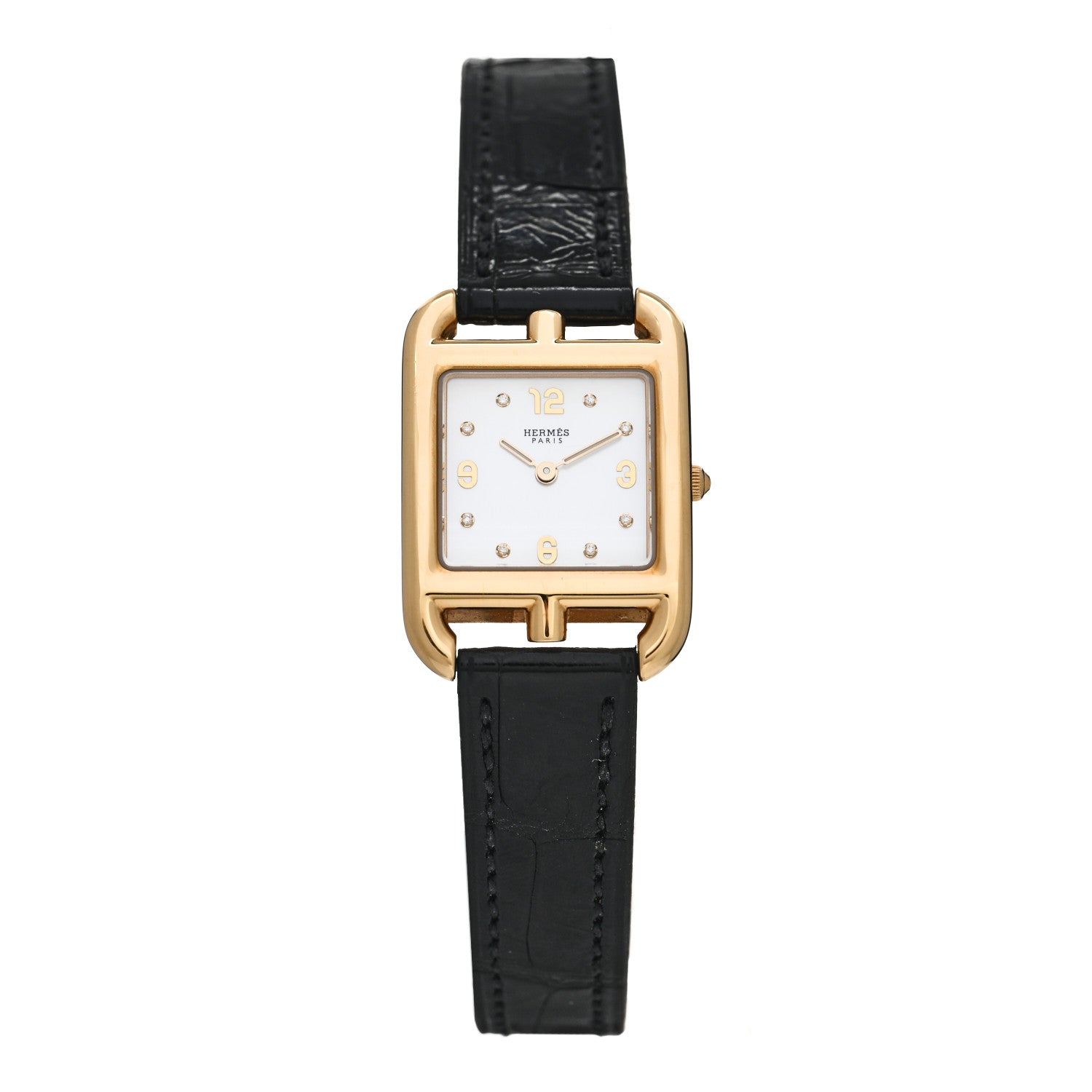 Hermes 18K Yellow Gold Alligator Diamond Mother of Pearl 23mm Cape Cod Quartz Watch Noir 1 of 5