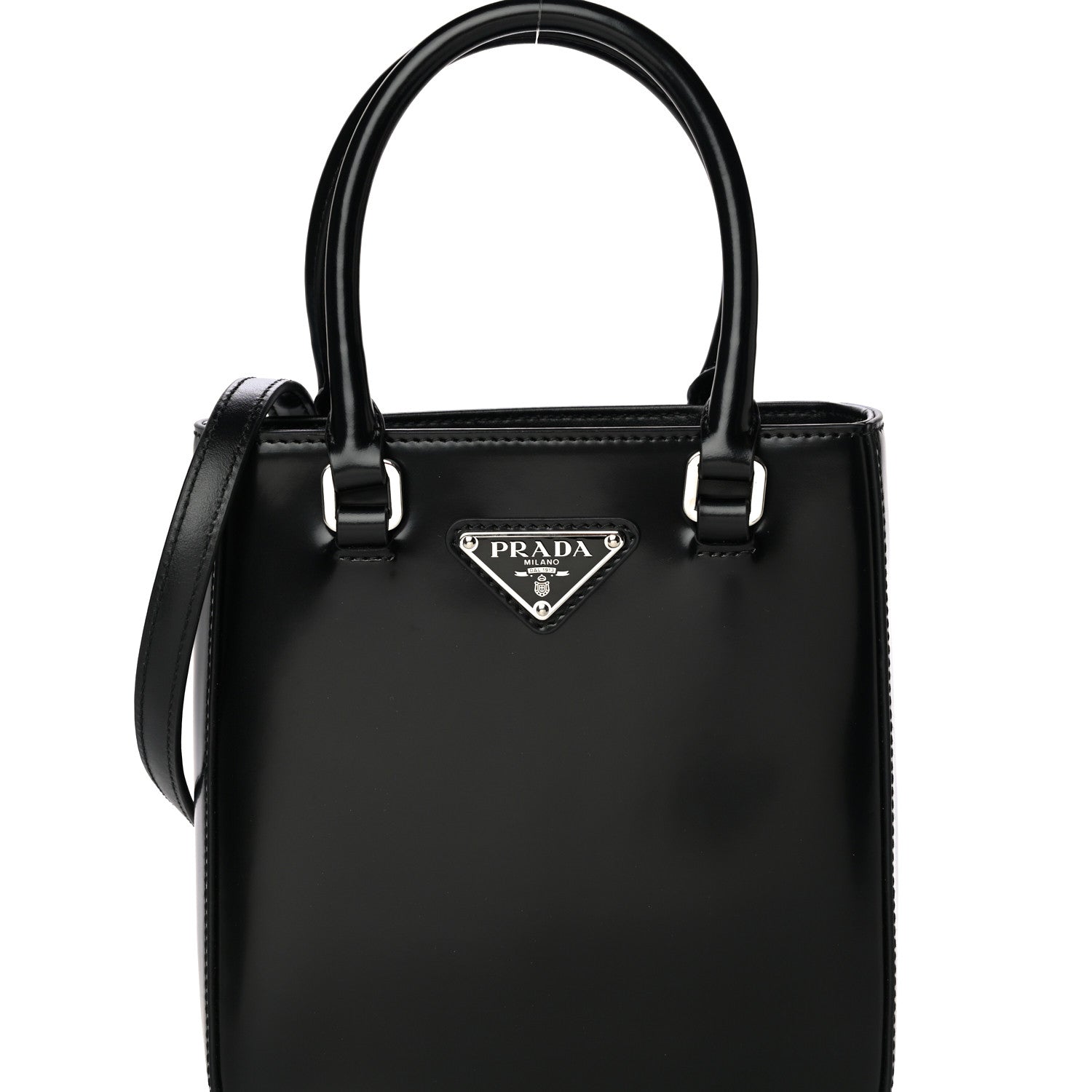 Prada Spazzolato Triangle Small Double Handle Crossbody Tote Black 8 of 14