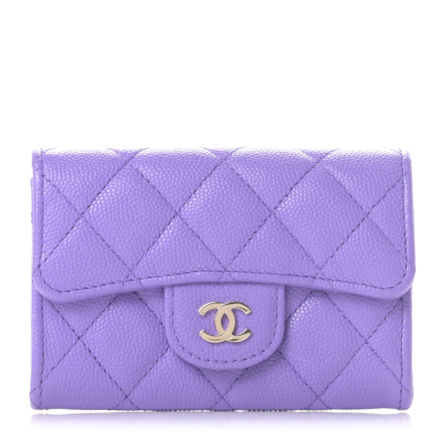 Caviar Quilted Flap Card Holder Wallet Purple