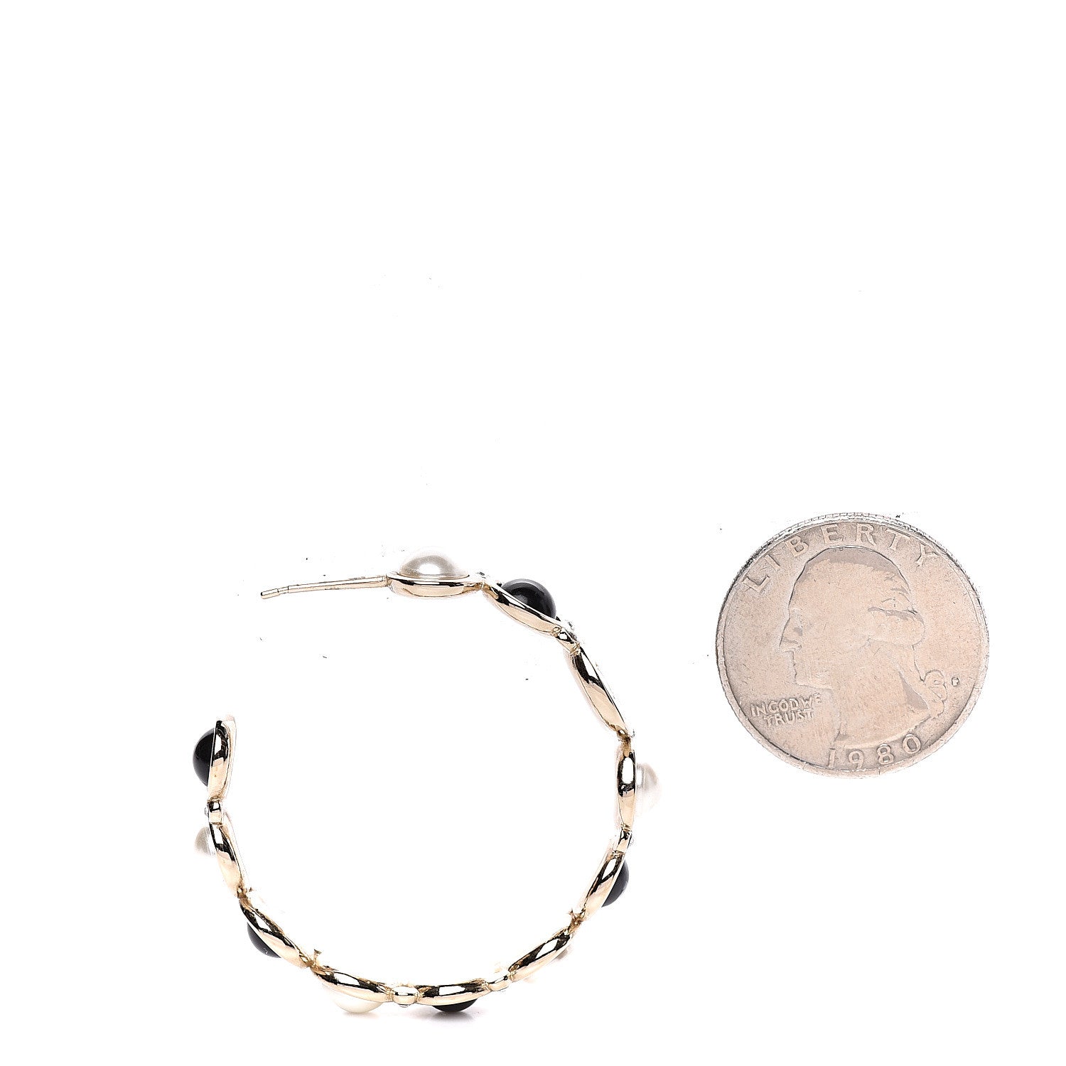 Chanel Crystal Pearl Metal Resin Polka Dot Hoop Earrings Gold Black 2 of 5