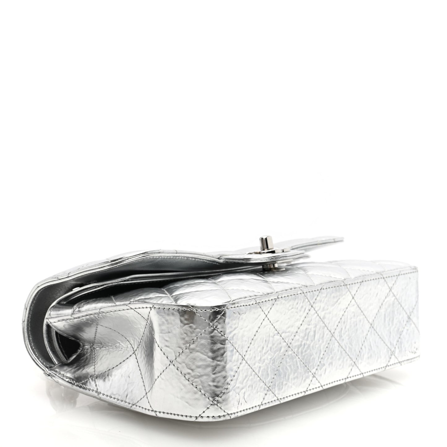 Hammered Metallic Calfskin Quilted Small Double Flap Silver