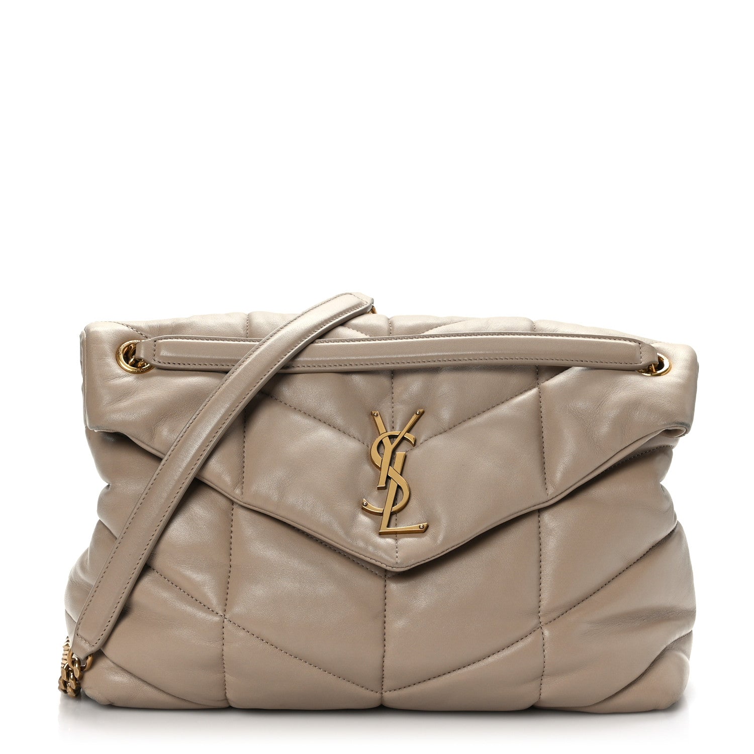 Saint Laurent Lambskin Quilted Medium Loulou Puffer Monogram Chain Satchel Dark Beige 1 of 9