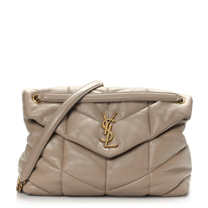 Saint Laurent Lambskin Quilted Medium Loulou Puffer Monogram Chain Satchel Dark Beige 1 of 9