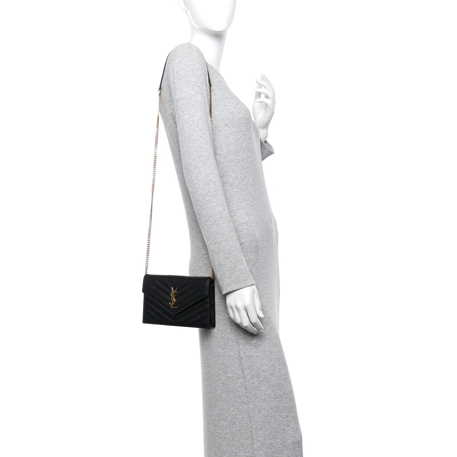 Saint Laurent Grain De Poudre Matelasse Chevron Monogram Envelope Chain Wallet Black 2 of 12