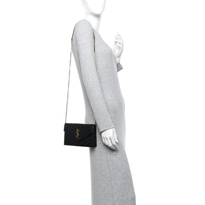 Saint Laurent Grain De Poudre Matelasse Chevron Monogram Envelope Chain Wallet Black 2 of 12