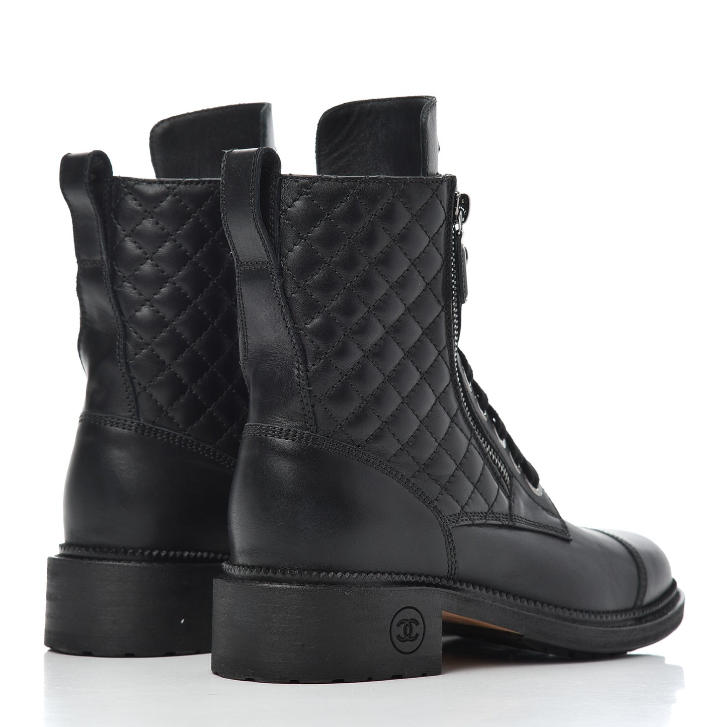 Calfskin Quilted Lace Up Combat Boots 37 Black