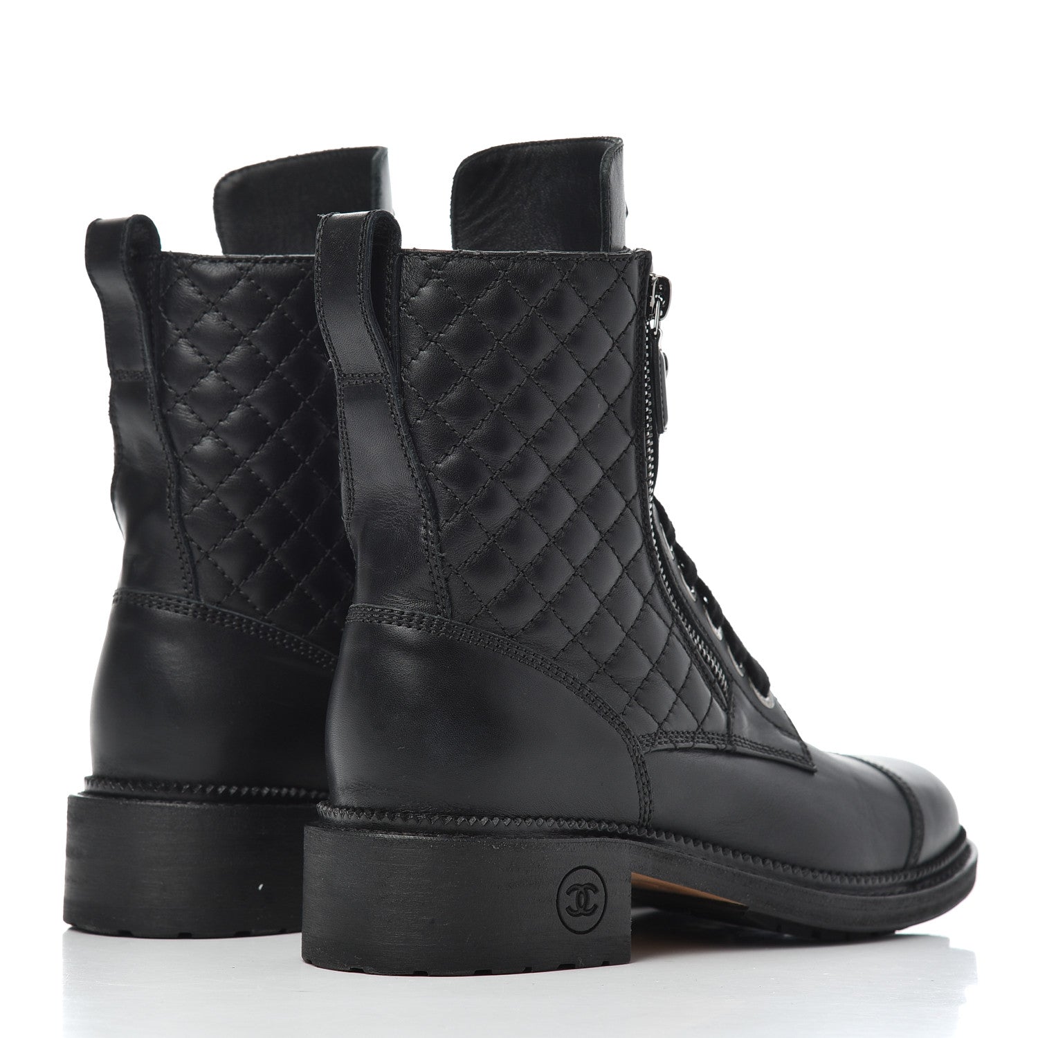 Chanel Calfskin Quilted Lace Up Combat Boots 37 Black 4 of 19