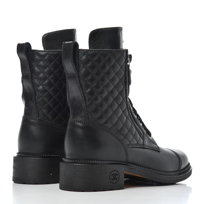 Chanel Calfskin Quilted Lace Up Combat Boots 37 Black 4 of 19