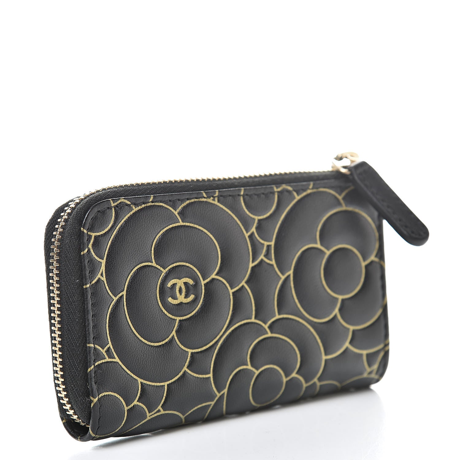 Chanel Lambskin Camellia Embossed Key Holder Case Black Gold 3 of 8
