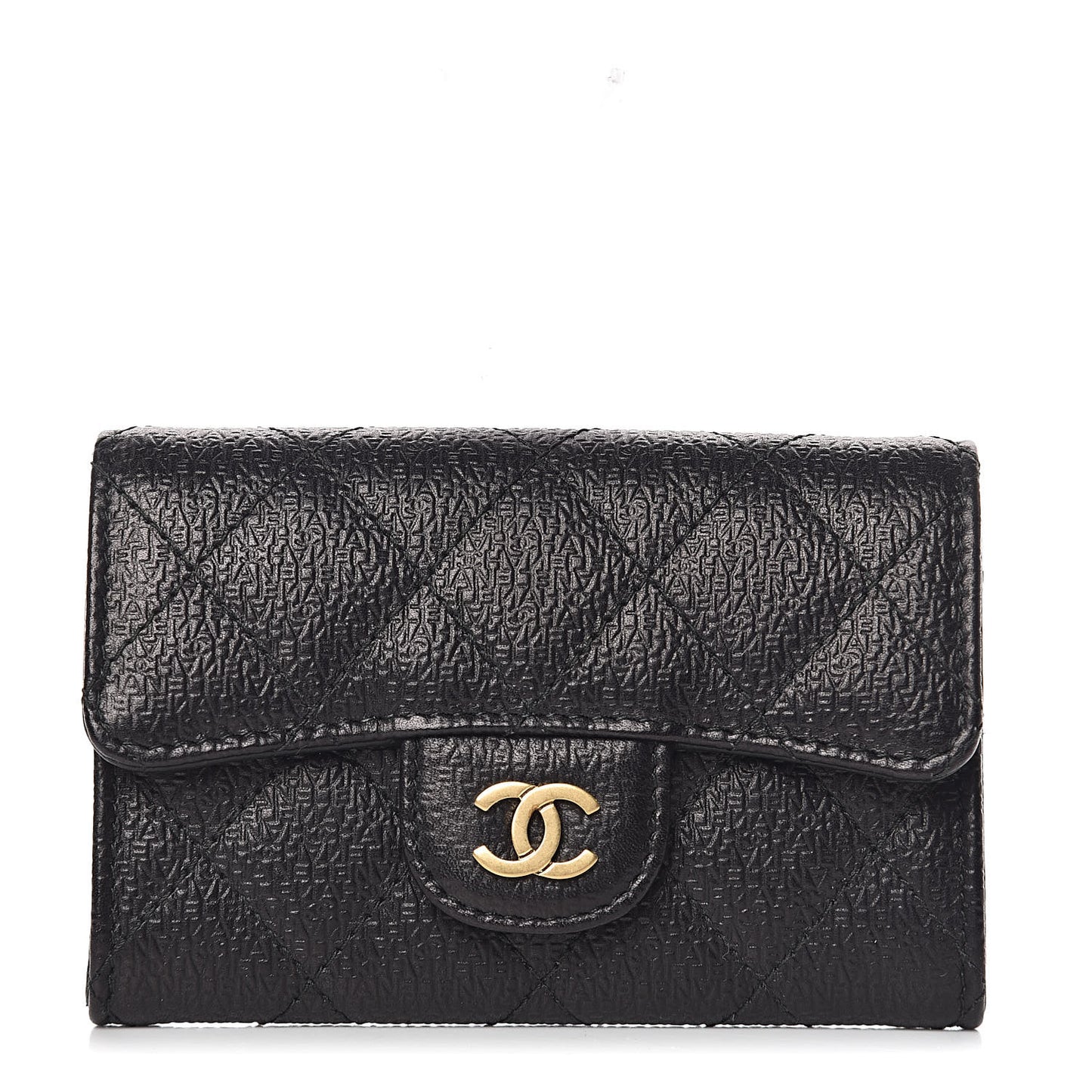 Logo Calfskin Embossed Quilted Flap Card Holder Black