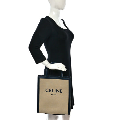 Celine Canvas Calfskin Logo Print Small Vertical Cabas Natural Navy 3 of 9