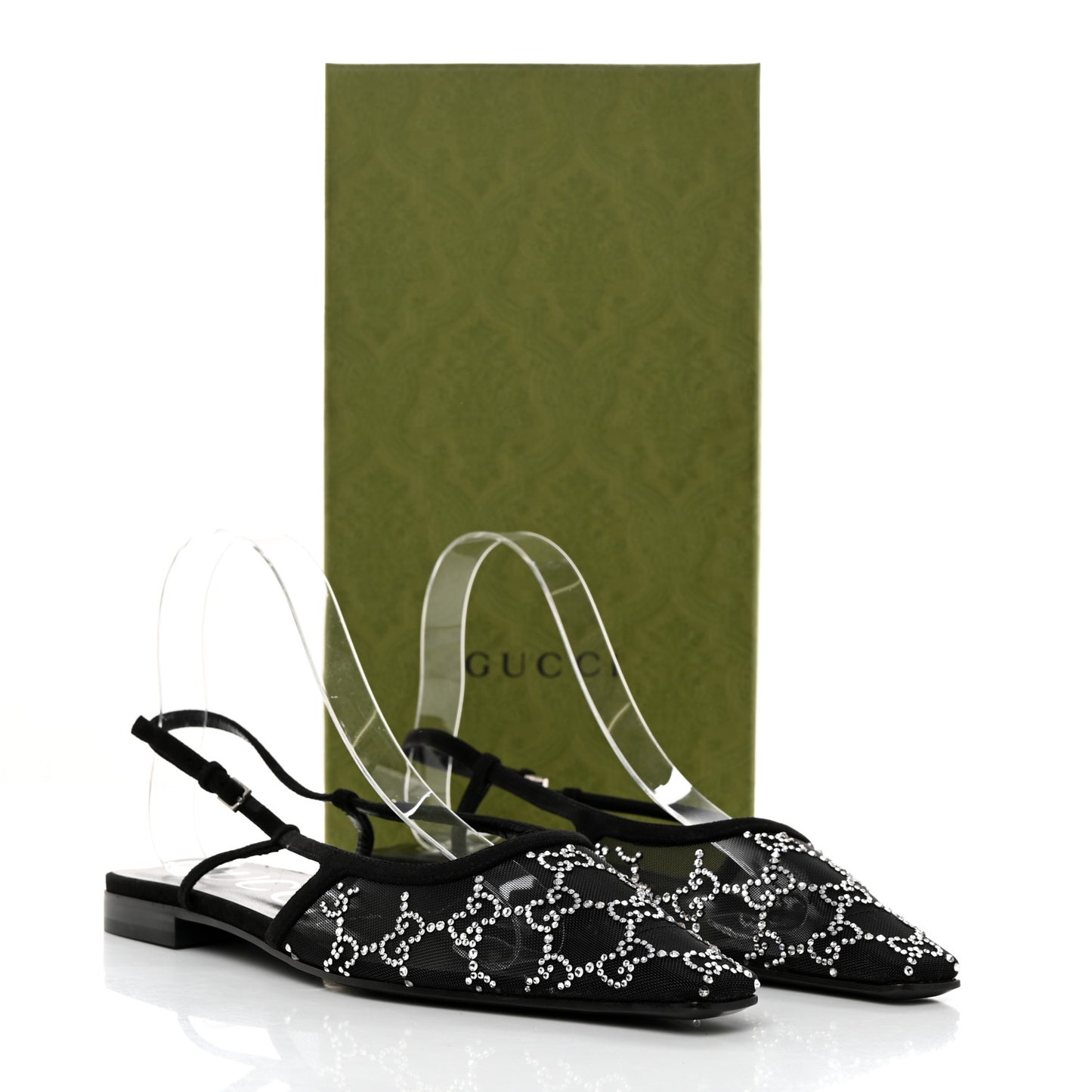 Suede Mesh Crystal GG Monogram Slingback Ballet Flats 39 Black
