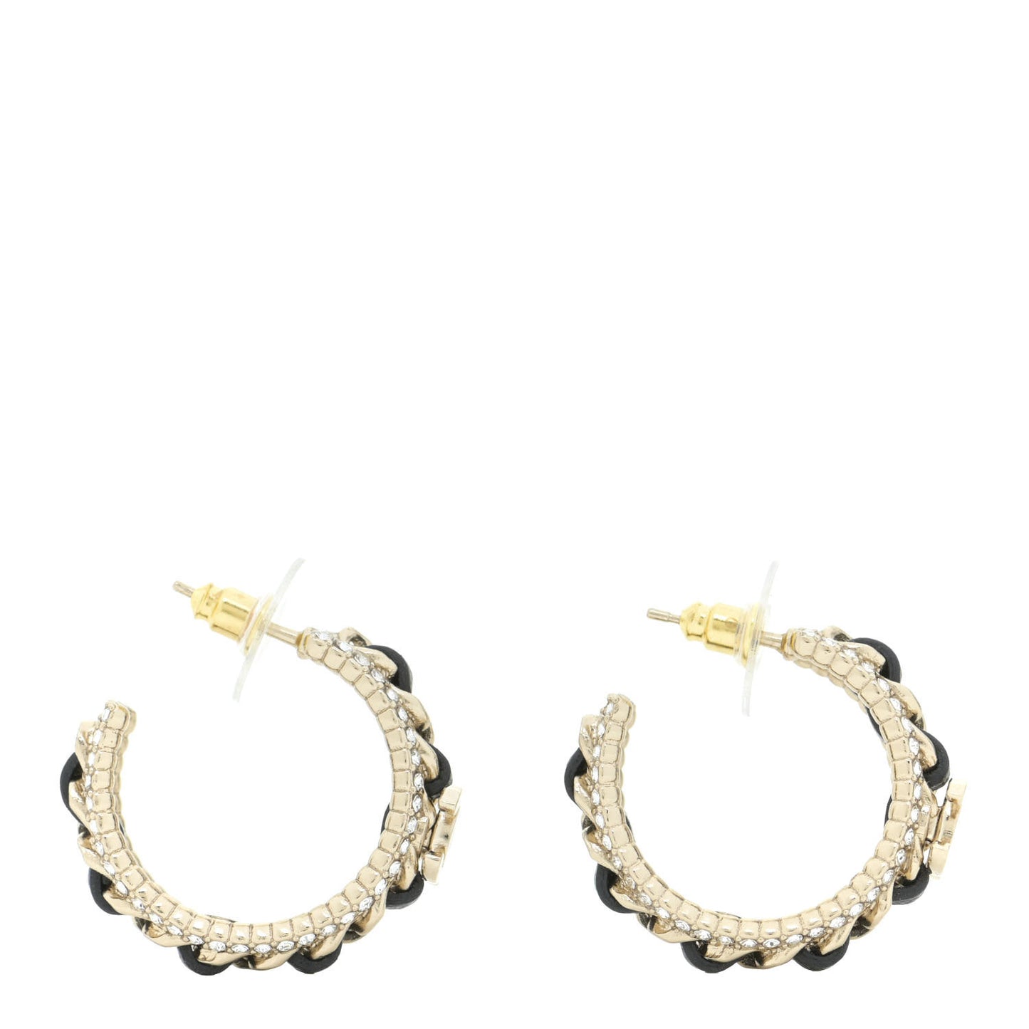 Crystal Lambskin CC Chain Hoop Earrings Gold Black