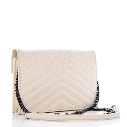 Saint Laurent Grain De Poudre Matelasse Chevron Monogram Envelope Chain Wallet Dove White 4 of 17