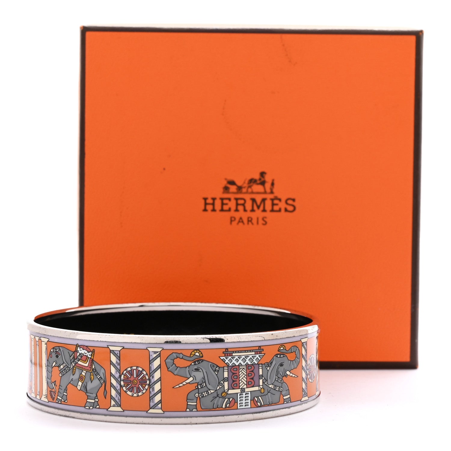 Hermes Enamel Printed Torana Elephants Wide Bracelet 70 Orange 7 of 7