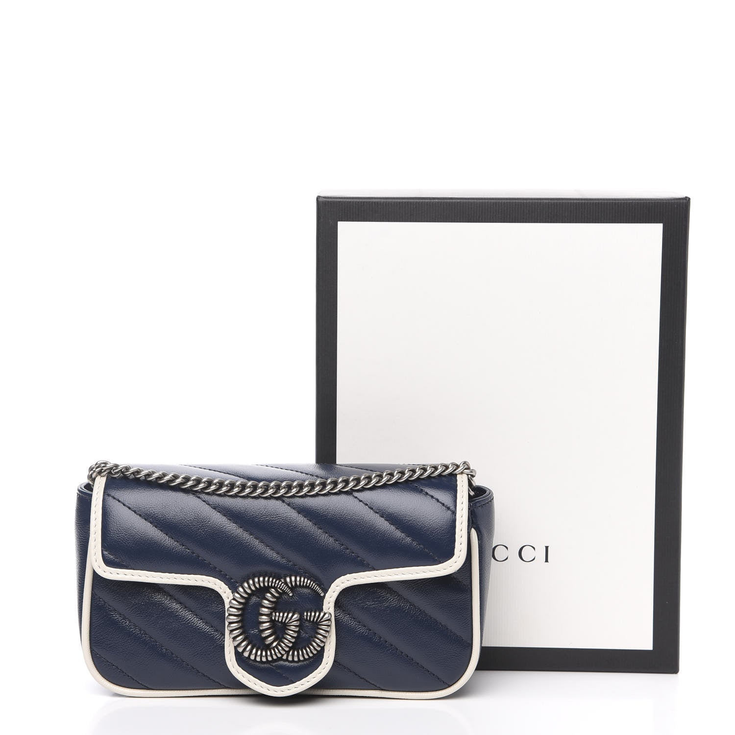 Gucci Vintage Effect Calfskin Matelasse Diagonal Super Mini Torchon GG Marmont Shoulder Bag Blue Agata Mystic White 10 of 10