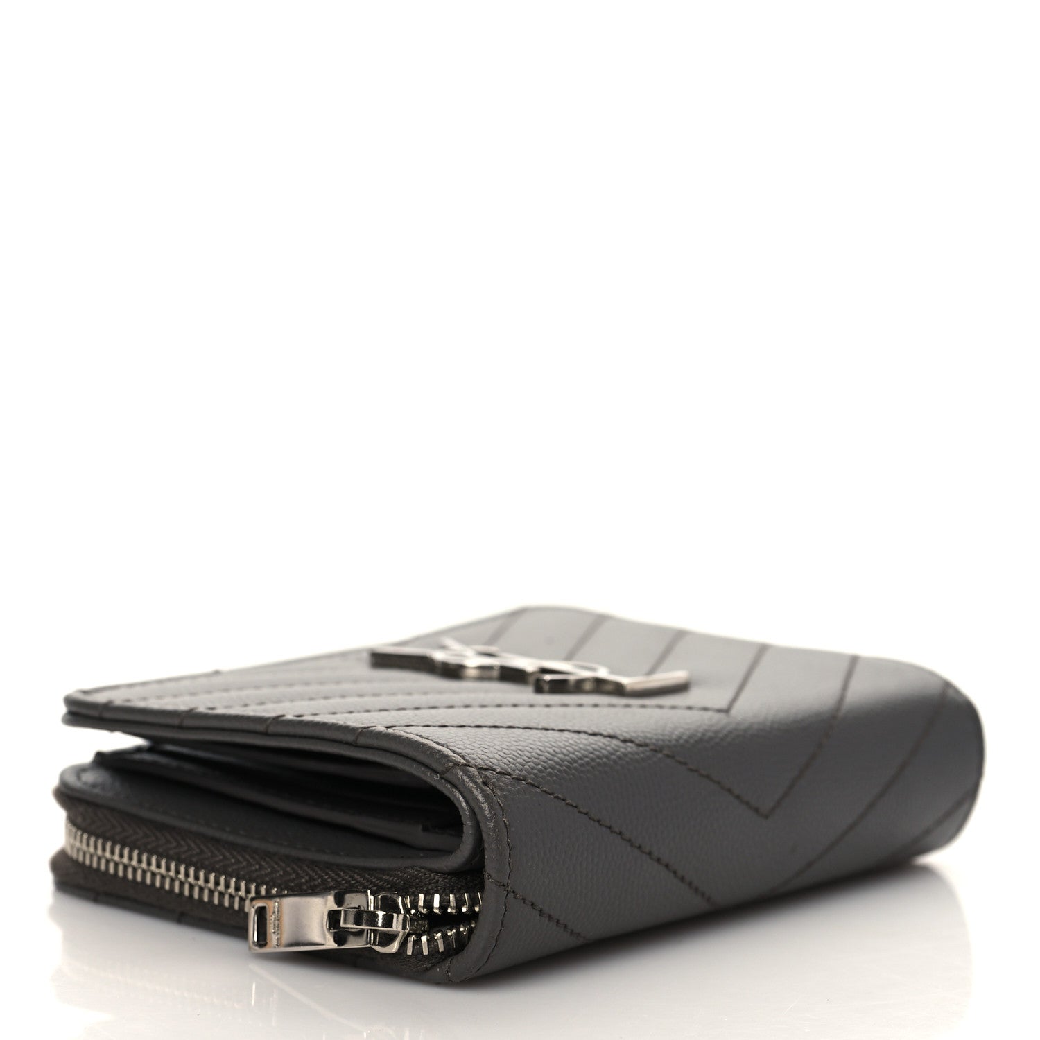 Saint Laurent Grain De Poudre Matelasse Chevron Monogram Compact Zip Around Wallet Earth 4 of 8