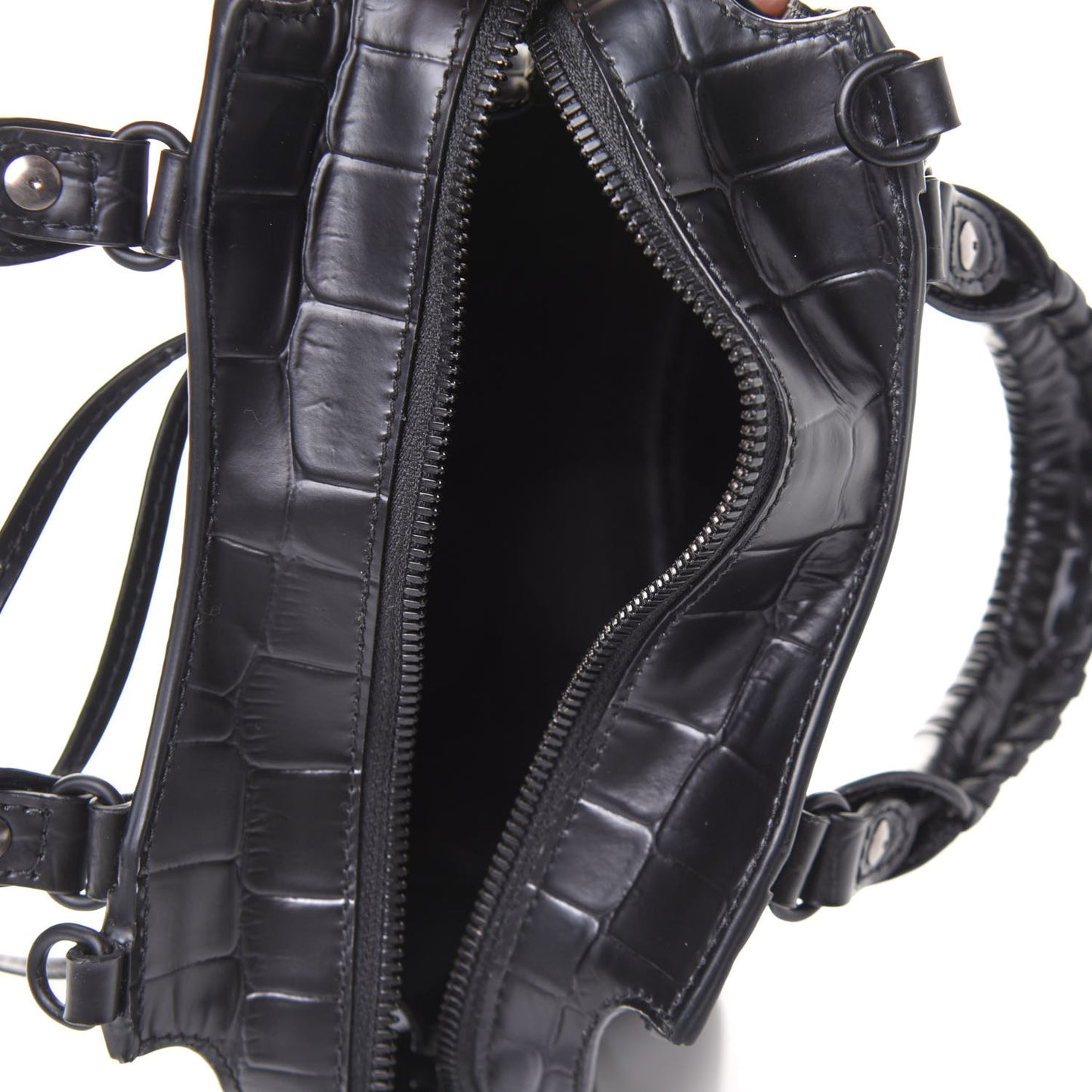 Semi Shiny Calfskin Crocodile Embossed Neo Classic Black Hardware Mini City Black