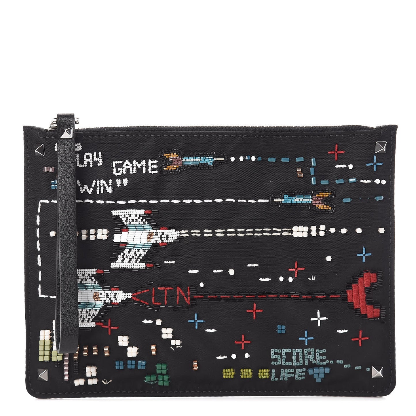 Nylon Embroidered Arcade Wristlet Pouch Black
